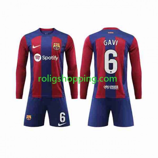 Fotbollströja FC Barcelona GAVI 6 Barn Hemmaställ 2023-2024 Lång ärm
