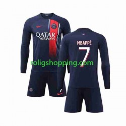Fotbollströja Paris Saint-Germain Mbappé Kylian 7 Barn Hemmaställ 2023-2024 Lång ärm