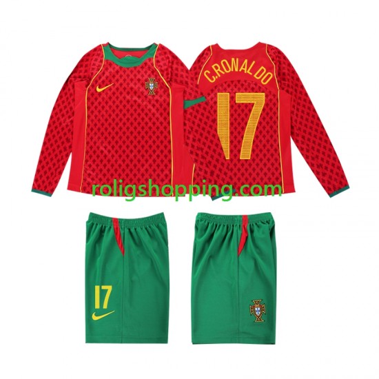 Fotbollströja Portugal Cristiano Ronaldo 17 Retro Barn Hemmaställ 2004 Lång ärm