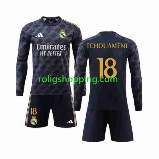 Fotbollströja Real Madrid Aurelien Tchouameni 18 Barn Bortaställ 2023-2024 Lång ärm