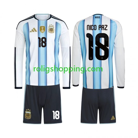 Fotbollströja Argentina Nico Paz 18 Barn Hemmaställ World Cup 2026 Lång ärm