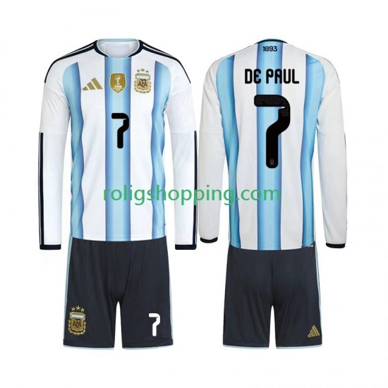Fotbollströja Argentina Rodrigo De Paul 7 Barn Hemmaställ World Cup 2026 Lång ärm