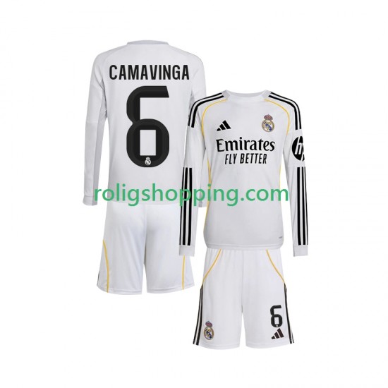 Fotbollströja Real Madrid Camavinga 6 Barn Hemmaställ 2025-2026 Lång ärm