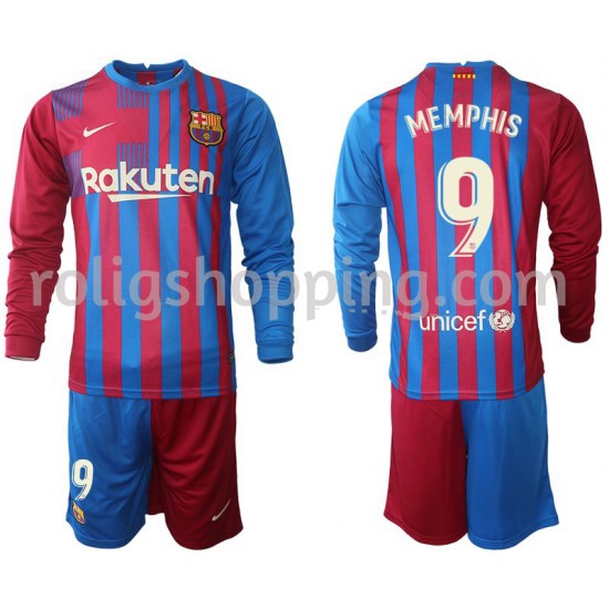 Fotbollströja FC Barcelona Memphis Depay 9 Barn Hemmaställ 2021-2022 Lång ärm