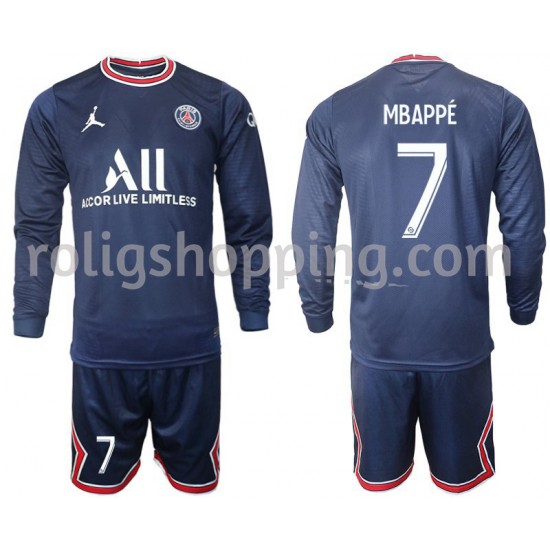 Fotbollströja Paris Saint-Germain Mbappé 7 Barn Hemmaställ 2021-2022 Lång ärm