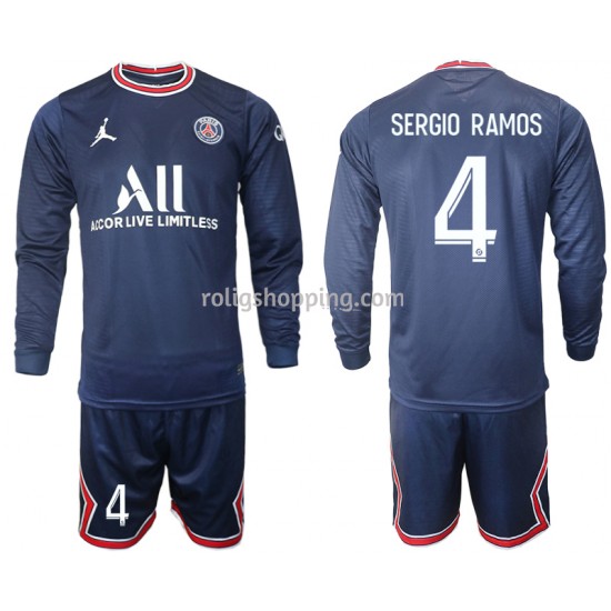 Fotbollströja Paris Saint-Germain Sergio Ramos 4 Barn Hemmaställ 2021-2022 Lång ärm