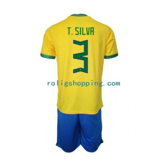 Fotbollströja Brasilien Thiago Silva 3 Barn Hemmaställ World Cup 2022 Kort ärm