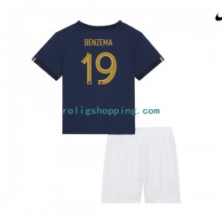 Fotbollströja Frankrike Benzema 19 Barn Hemmaställ World Cup 2022 Kort ärm