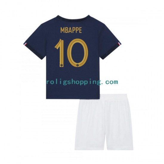 Fotbollströja Frankrike Mbappé 10 Barn Hemmaställ World Cup 2022 Kort ärm